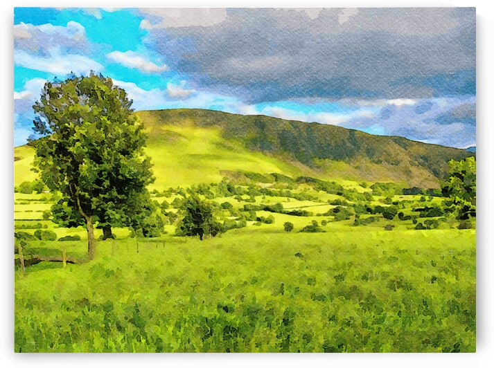 Watercolor landscape of the Lake District with rolling hills and greenery by Gestalt Imagery