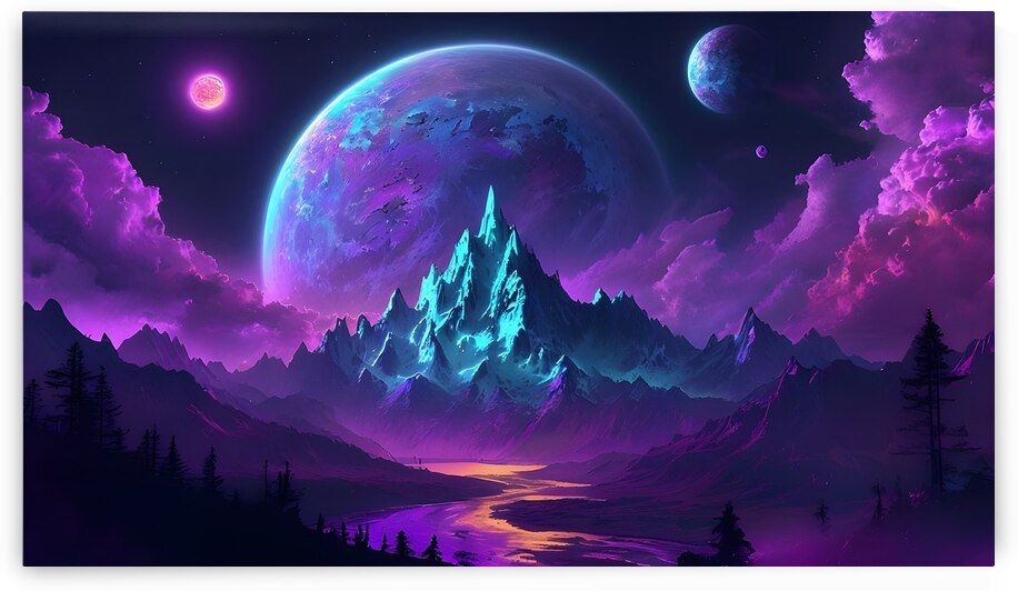 Otherworldly Neon Peaks: A Cosmic Fantasy Landscape  by Avenue Arts