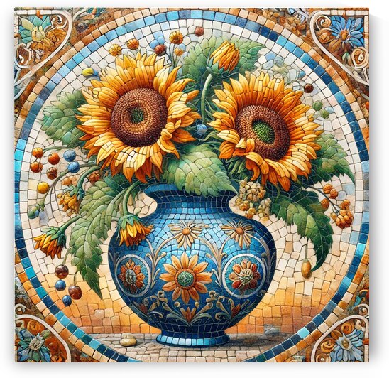 Elegant Mosaic Art of Sunflowers in a Blue Ornate Vase by Carole Bally