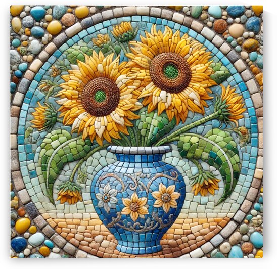 Stunning Mosaic Artwork of Sunflowers in a Decorative Blue Vase by Carole Bally