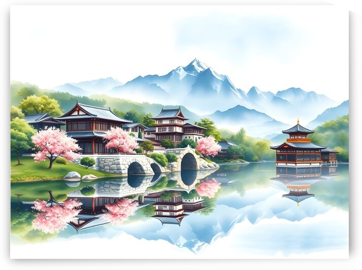 Tranquil Japanese Village by the Lake – A Serene Mountain Reflection by Carole Bally