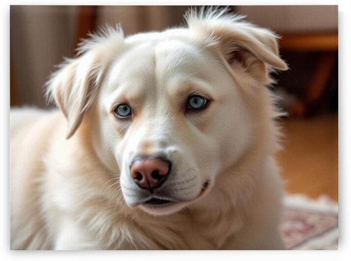  This stunning mural features a captivating white dog with blue eyes by MasterpiecesonWalls