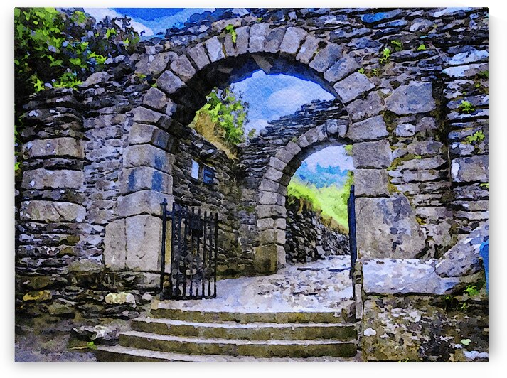 Watercolor painting of ancient stone archway with vibrant scenery by Gestalt Imagery