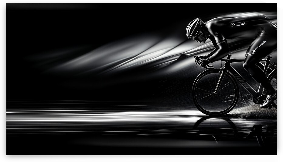 Fine Art High Contrast Photography Cyclist Racing Rain 35mm Wide Angle Lens Motion Blur Red Color Accent Dynamic Action Shot by ArtisticAlkhemy AI