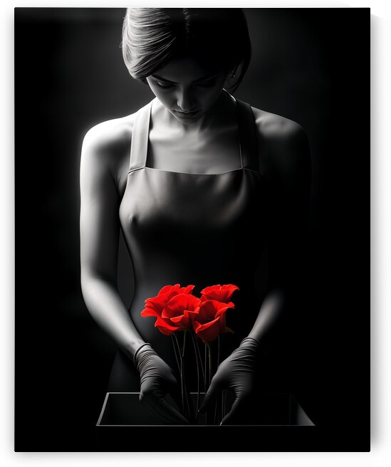 Fine Art High Contrast Photography Portrait Florist Arranging Flowers Soft Fill Light Red Color Accent Flower Detail by ArtisticAlkhemy AI