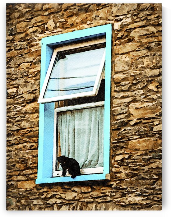 Charming watercolor painting of a cat at a cottage window by Gestalt Imagery