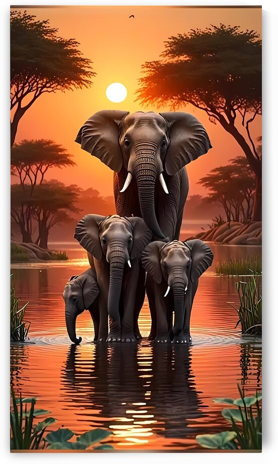 Playful Elephant Herd by the Riverbank Poster – by Golden Touch Prints