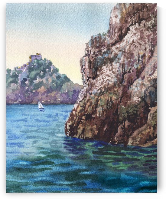 Seascape Harbor Rocky Shore Watercolor Painting by Irina Sztukowski