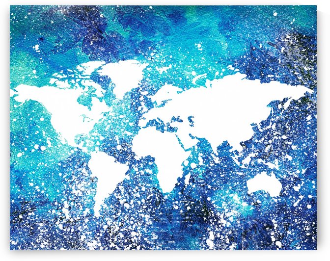 White And Teal Watercolor Silhouette World Map  by Irina Sztukowski