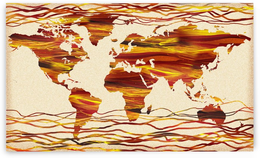 Watercolor Silhouette World Map Brown Beige Waves  by Irina Sztukowski