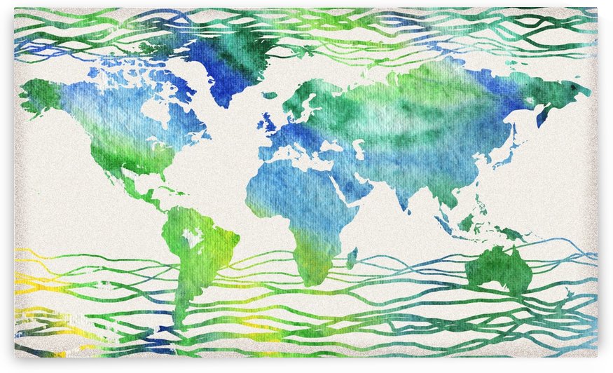 Watercolor Silhouette World Map Blue Green Wave  by Irina Sztukowski