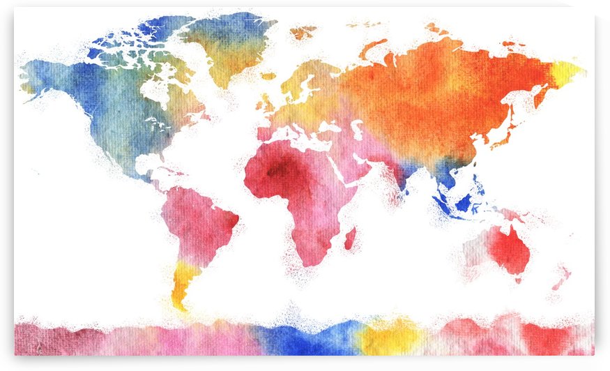 Watercolor Silhouette World Map Rainbow Sea by Irina Sztukowski