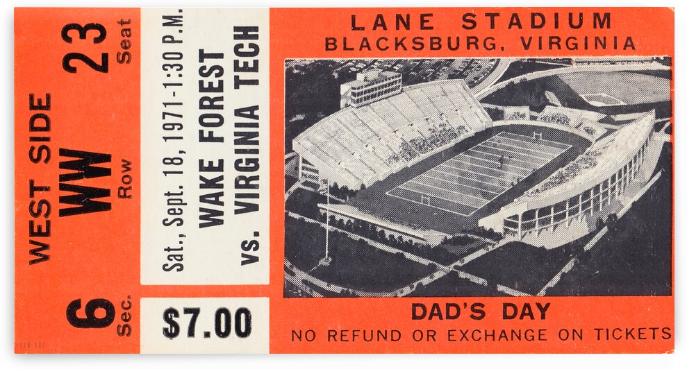 1971 Wake Forest vs. Virginia Tech Football Ticket Art by Row One Brand