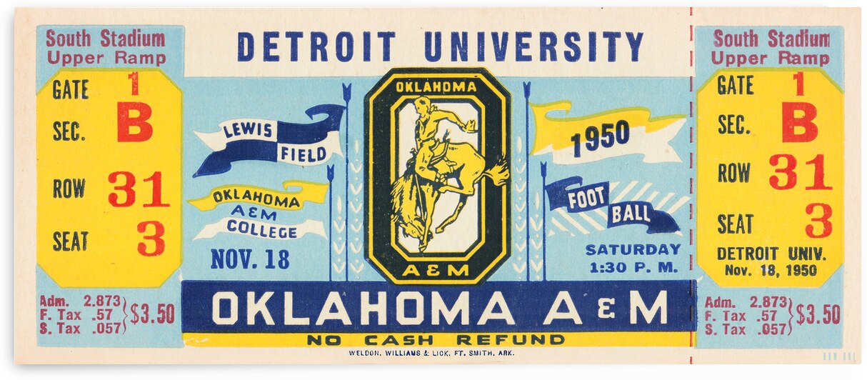 1950 Detroit vs. Oklahoma A&M Ticket Art by Row One Brand