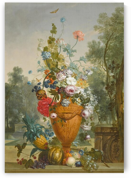 A Vase Of Peonies. Chrysanthemums And A Carnation With Exotic Fruits In A Garden by Jacobus Linthorst [1745–1815] by FlowerPrints