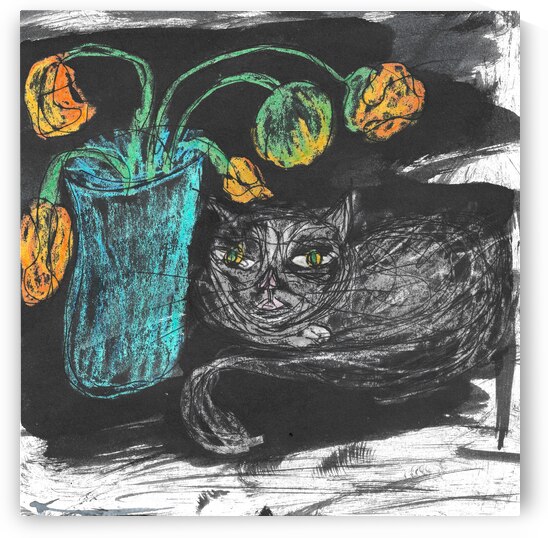 Black Cat with Poppies by Robert Burton