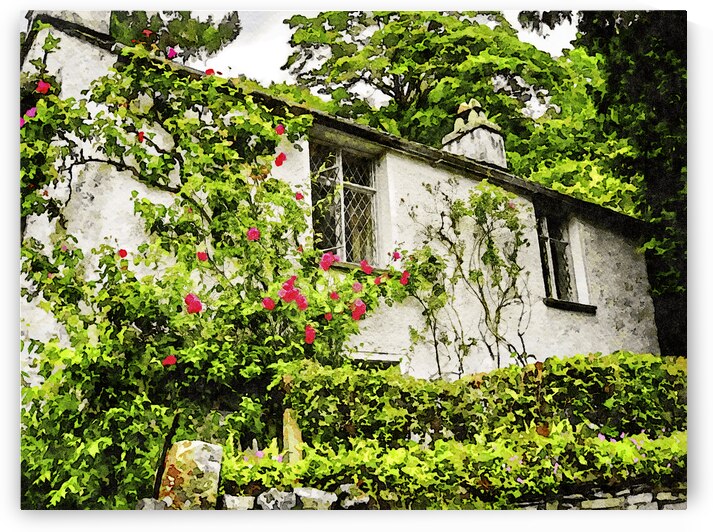 Charming countryside cottage with lush garden in watercolor style painting by Gestalt Imagery