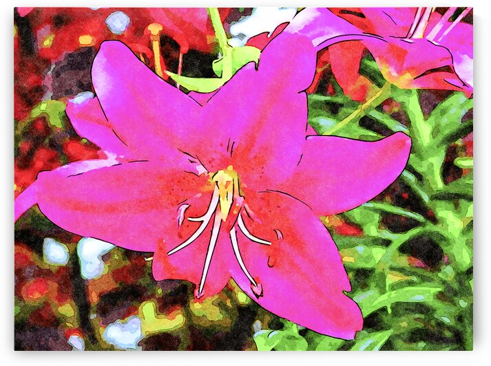 Vibrant watercolor illustration of a blooming pink lily in nature by Gestalt Imagery