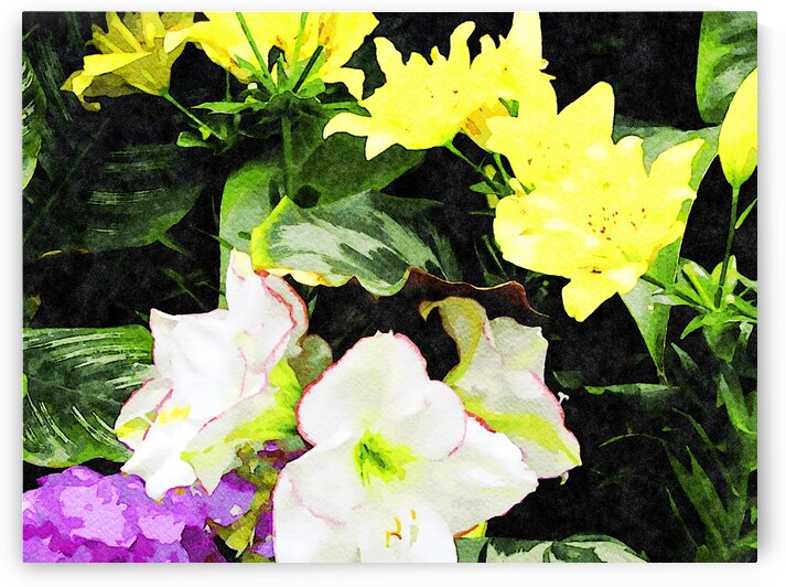 Vibrant watercolor painting of lilies and hydrangeas in a lush garden by Gestalt Imagery