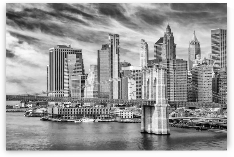 Brooklyn Bridge with Pier 17 and South Street Seaport | Monochrome by Melanie Viola