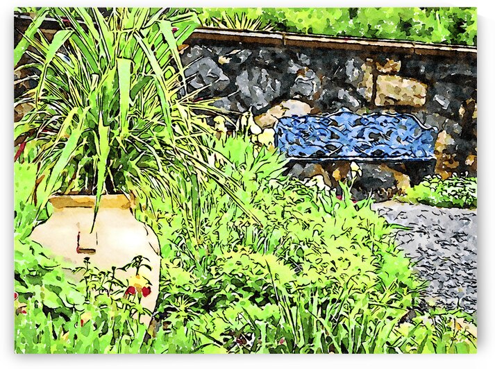 Serene garden scene with lush greenery and a stone bench by Gestalt Imagery