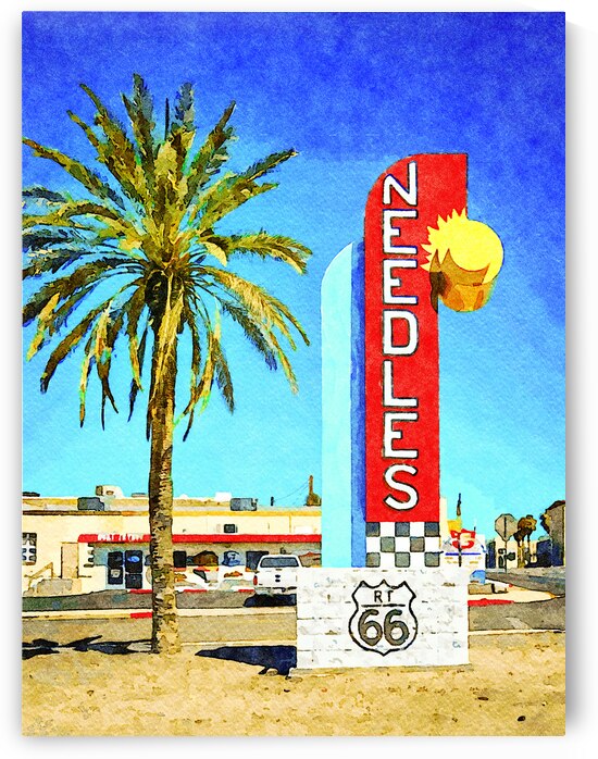 Watercolor painting of Route 66 sign in Needles California with palm tree by Gestalt Imagery