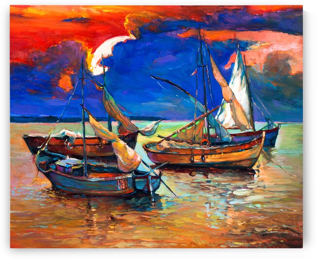 Vibrant Sunset Over Fishing Boats - Colorful Maritime Artwork by el halaoui ali