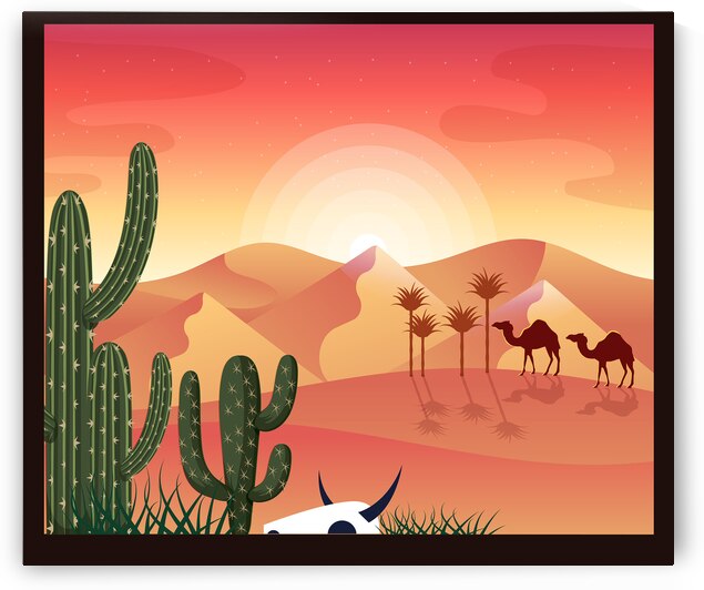 Vibrant Desert Sunset - Colorful Cactus Landscape Art by el halaoui ali