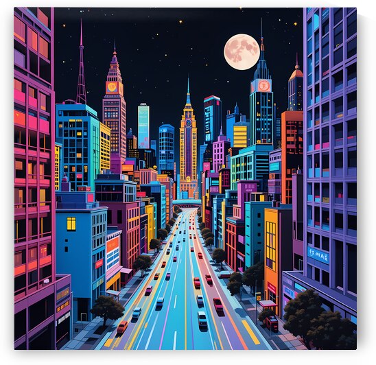 Dynamic Nighttime City View - Neon Urban Art by el halaoui ali