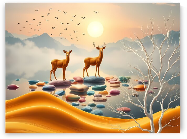 Serene Deer Landscape - Tranquil Nature Art by el halaoui ali