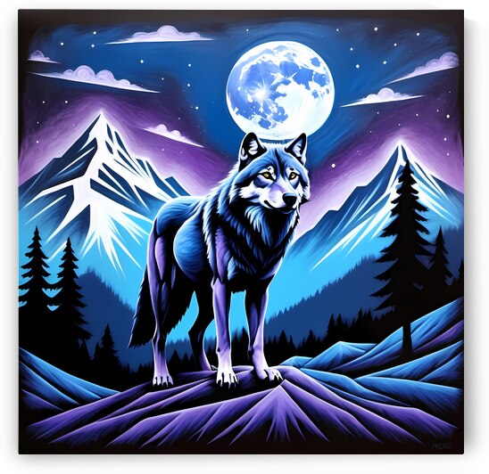 Majestic Wolf Under Moonlight - Vibrant Wildlife Art by el halaoui ali