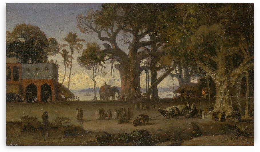 Moonlit Scene of Indian Figures and Elephants among Banyan Trees. Upper India [probably Lucknow] by Auguste Borget [1809–1877] by MyCozyFineArt