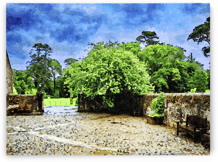 Charming watercolor painting of lush garden with stone walls by Gestalt Imagery