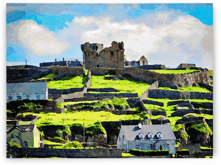 Watercolor painting of Inishmore landscape showcasing historic ruins and green fields by Gestalt Imagery