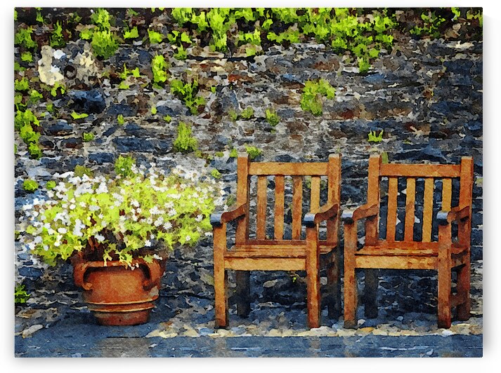 Rustic garden scene with wooden chairs and vibrant flowers by Gestalt Imagery