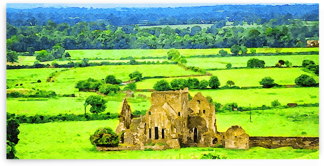 Scenic watercolor of Hore Abbey amidst lush greenery in County TipperaryIreland by Gestalt Imagery