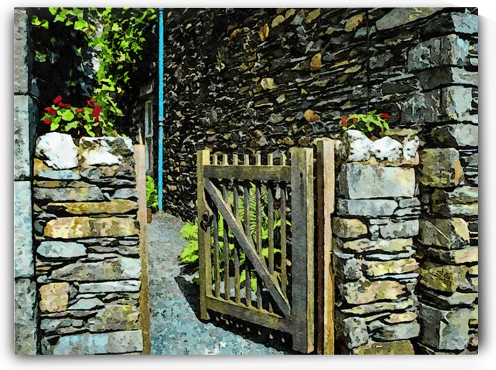 Charming garden entrance with stone walls in watercolor style by Gestalt Imagery