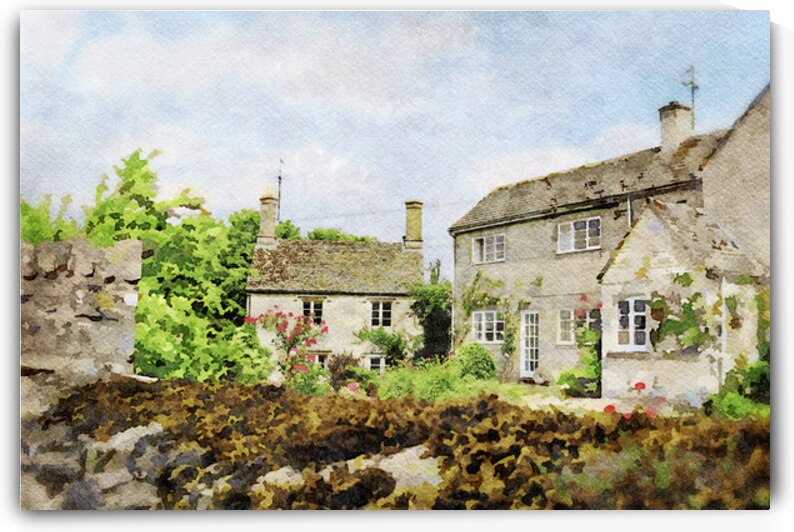 Charming watercolor painting of English cottages in the Cotswolds countryside by Gestalt Imagery