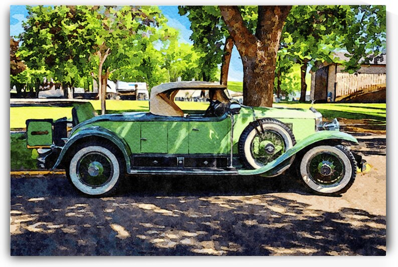 Watercolor depiction of a 1929 green Cadillac roadster in a park setting by Gestalt Imagery