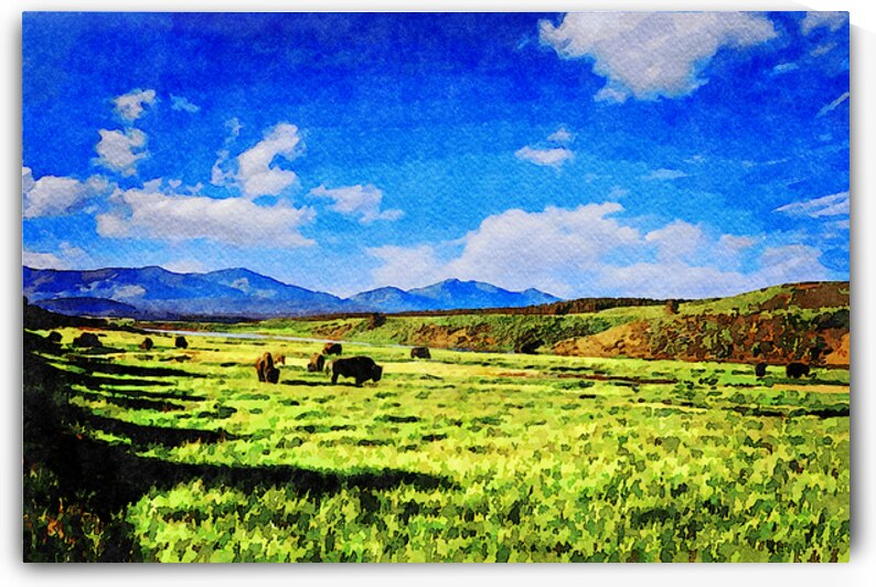 Watercolor depiction of bison grazing by the Yellowstone river under a blue sky by Gestalt Imagery