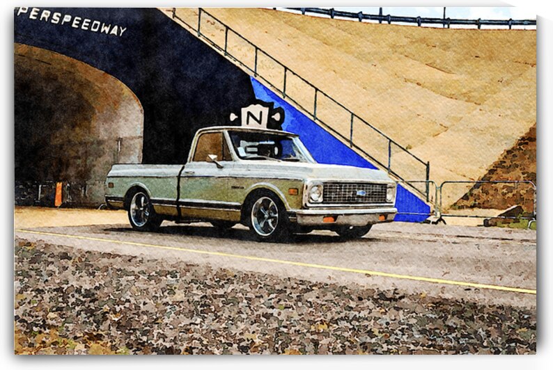 Watercolor depiction of a classic 1972 Chevrolet C10 Pickup Truck outdoors by Gestalt Imagery