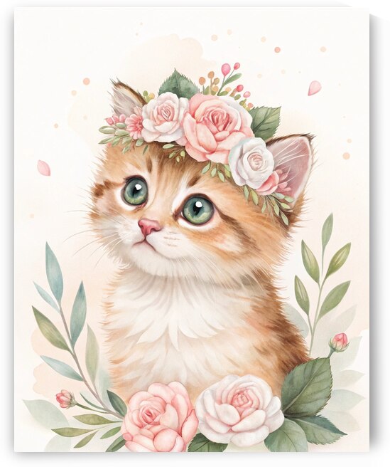 Watercolor Kitten with Floral Crown – Soft & Dreamy Nursery Art Print by Outbox