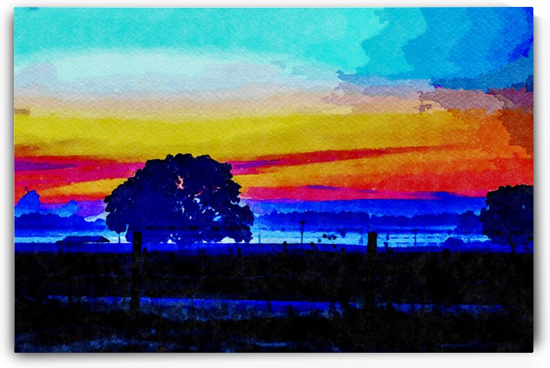 Watercolor depiction of sunrise with vibrant colors and tree silhouette by Gestalt Imagery