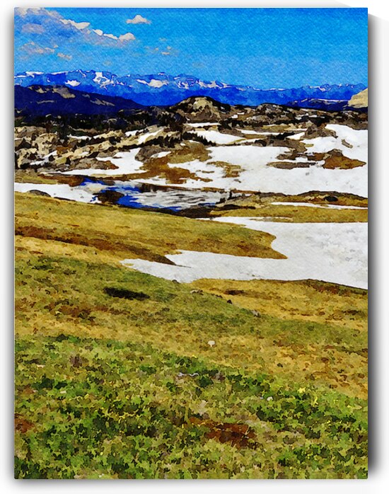 Watercolor painting of Beartooth Highway with snowcapped mountains and lush greenery by Gestalt Imagery