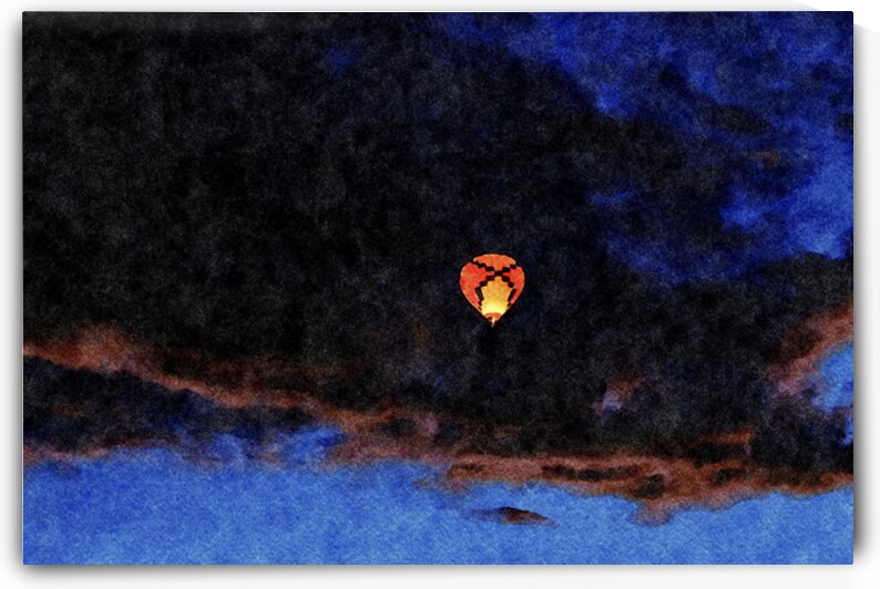 Watercolor painting of a hot air balloon floating in a dark sky by Gestalt Imagery