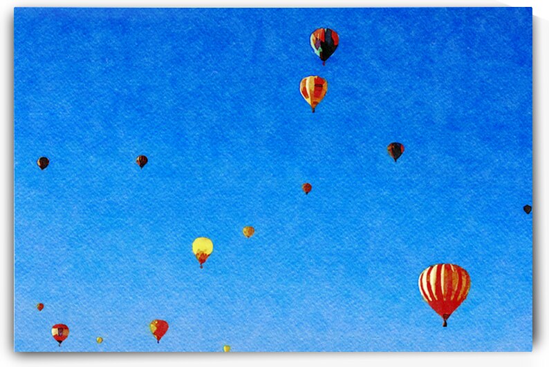 Watercolor artwork of hot air balloons floating in the sky by Gestalt Imagery