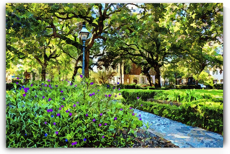 Watercolor painting of a Greene Square in Savannah Georgia with lush greenery by Gestalt Imagery