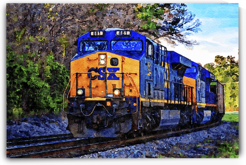 Watercolor painting of a CSX freight train in a scenic rural setting by Gestalt Imagery