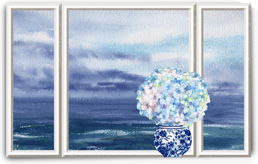 Hydrangea Flowers Bouquet In Blue Oriental Vase W by Irina Sztukowski