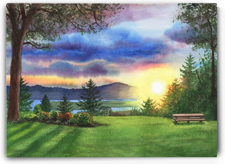 Sunset Above The River Inviting Bench Watercolor by Irina Sztukowski
